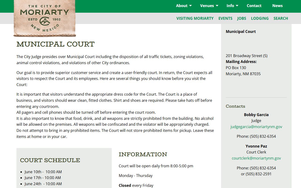Torrance County court dockets City of Moriarty Municipal Court page