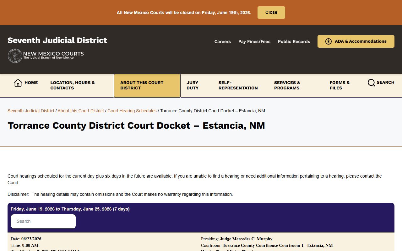 Torrance County court dockets District Court docket page