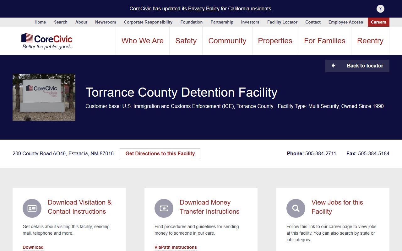 Torrance County inmate search and CoreCivic detention facility page