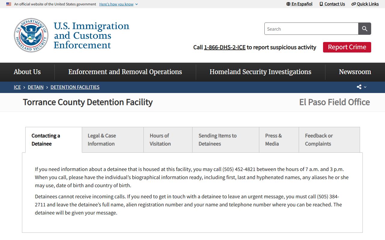 Torrance County inmate search and ICE detention facility page