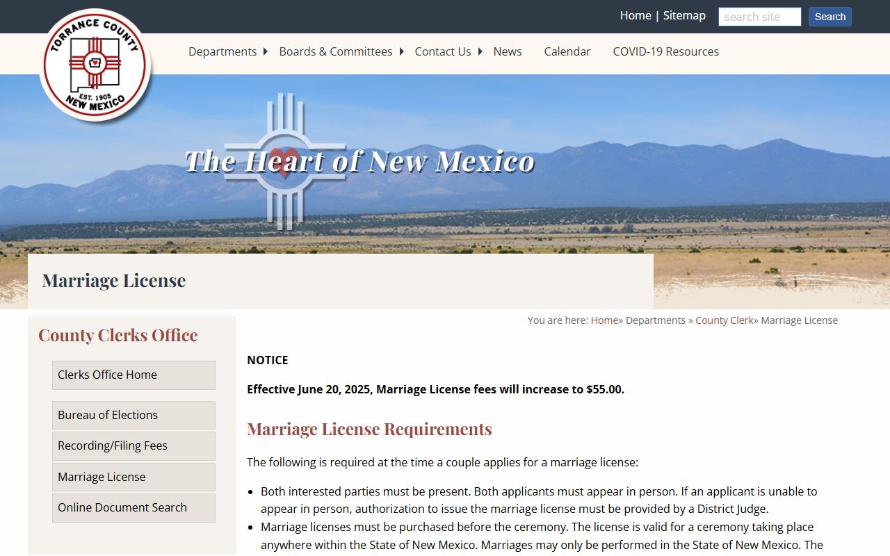 Torrance County marriage records and marriage license requirements