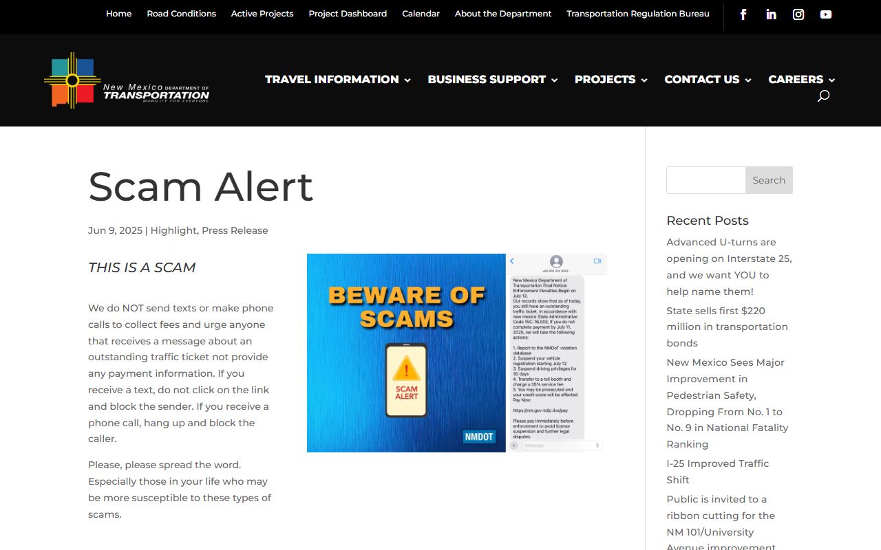 Torrance County traffic court records and New Mexico DOT traffic ticket scam alert