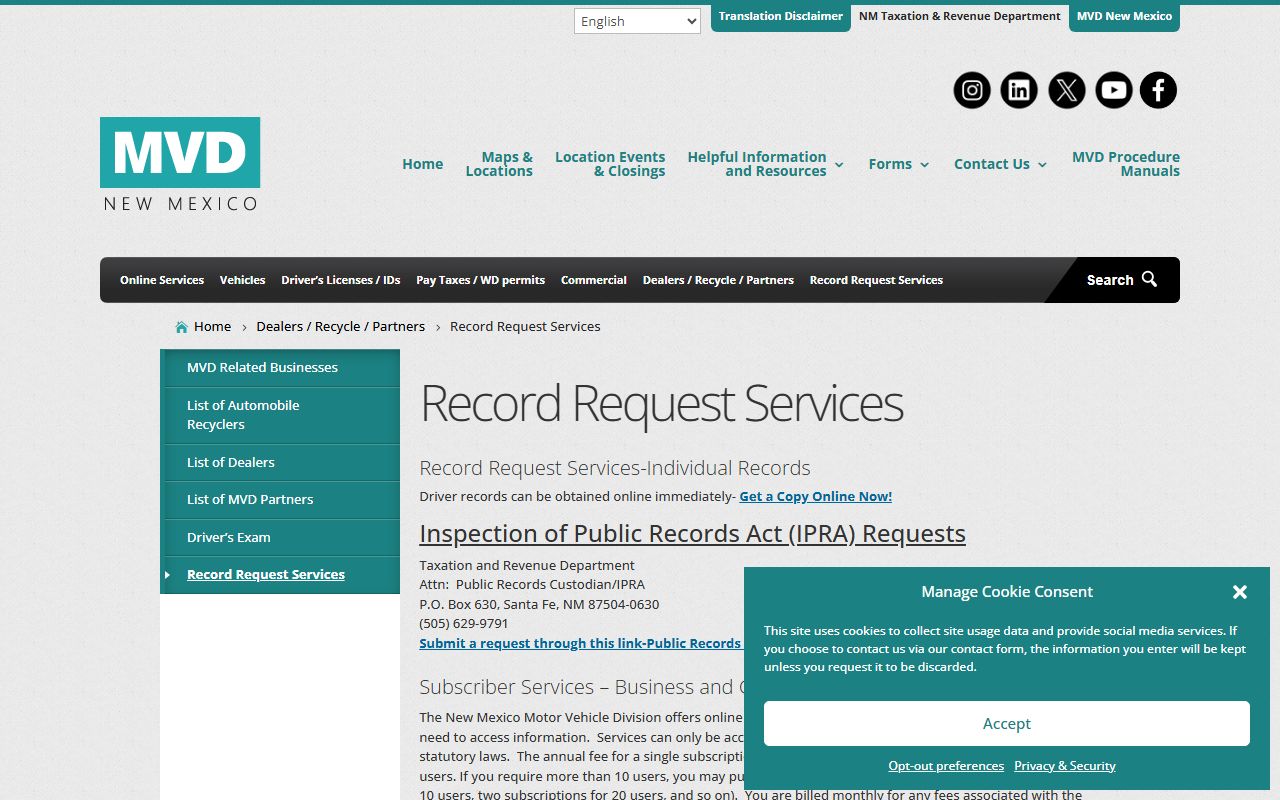 Torrance County traffic court records and MVD record request page